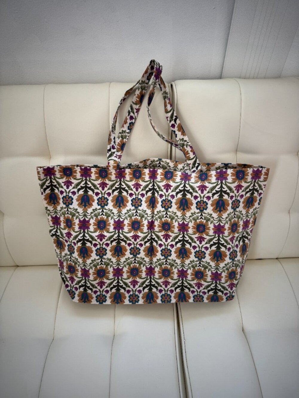 Sézane limited edition floral print tote bag, magenta navy green yellow, NWOT - Picture 2 of 5